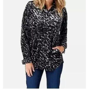 Belle Kim Gravel Top Womens 1X Gray Animal Print Velvet Big Shirt Long Sleeve